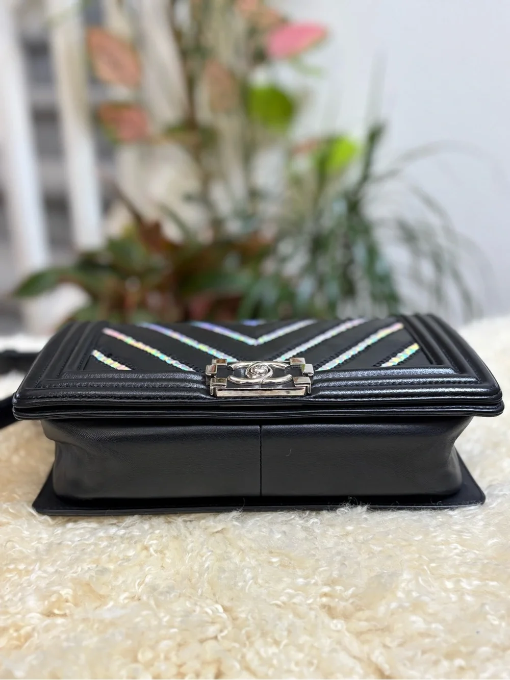 CHANEL Lambskin Iridescent PVC Chevron Quilted Medium Boy Flap Black Silver